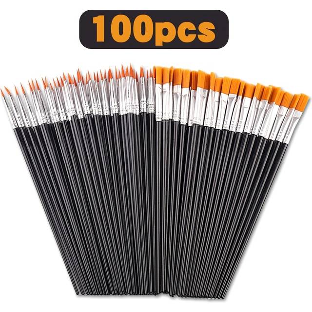 TEMU 100pcs Black Brush Set, Nylon Bristle Flat & Round Paint Brushes With Fluted Handle, Ideal For Acrylic, Watercolor, Oil Painting, Diy Line Art, Christmas & New Year Gift