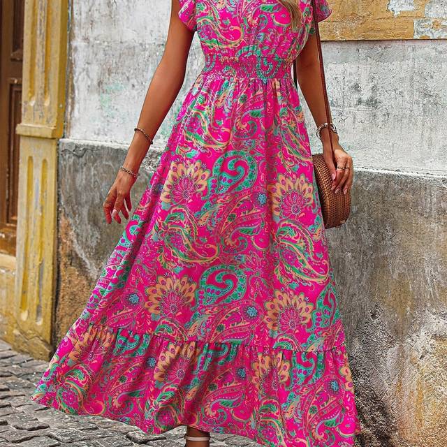 TEMU Women's Tropical Print V-neck Summer Dress With Flapping Sleeves & Hemmed A-line Silhouette - Lightweight Machine-washable Casual Dress, Vacation Clothing, Flowy Fabric
