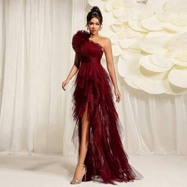 SHEIN Everly L Summer Women&#39;s Solid Color Minimalist Daily Shoulder Dress, Burgundy, Elegant Formal Evening Prom Gown, For Wedding Guest, Graduation Dress,