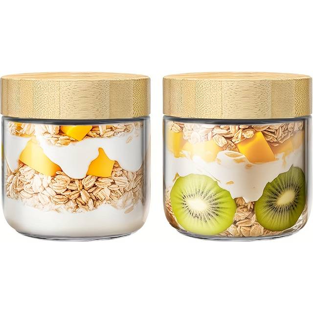 TEMU 2/3/4pcs Of 10oz (. 283.5 G) Bamboo Lid Overnight Oatmeal Container With Sealed Glass Jar For Meal Prep, Mason Salad Jars, Yogurt Chia Snack Spice Sugar Glass Food Storage Containers