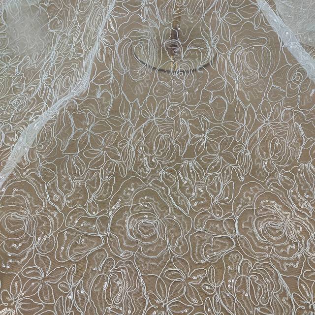 TEMU Elegant Floral Lace Fabric With Bead Embellishments, Sheer Polyester Mesh - Ideal For Bridal Gowns And Performance Dresses, Flower Pattern