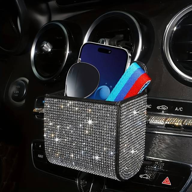 TEMU 1pc Car Air Vent Organizer With Rhinestone Accents - Leather Storage Pouch For Usb Cables, Wires & Accessories, Black Interior Design, & Accessory, , Glittery Finish