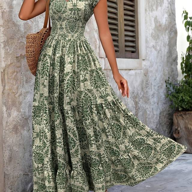 TEMU And Women's Printed Short-sleeve V-neck Long Dress From Evening Mist.