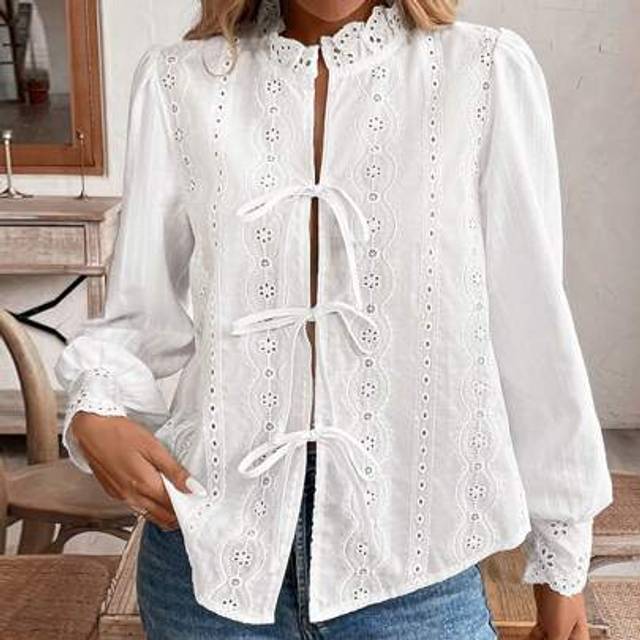 SHEIN Women Embroidered Long Sleeve Tie Front Blouse