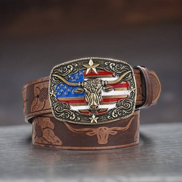 TEMU Western Cowboy Style Belt With Embossed – Unisex Leather Belt Featuring American , Golden Studs, And Star – Casual Wear Or Western-themed Outfits