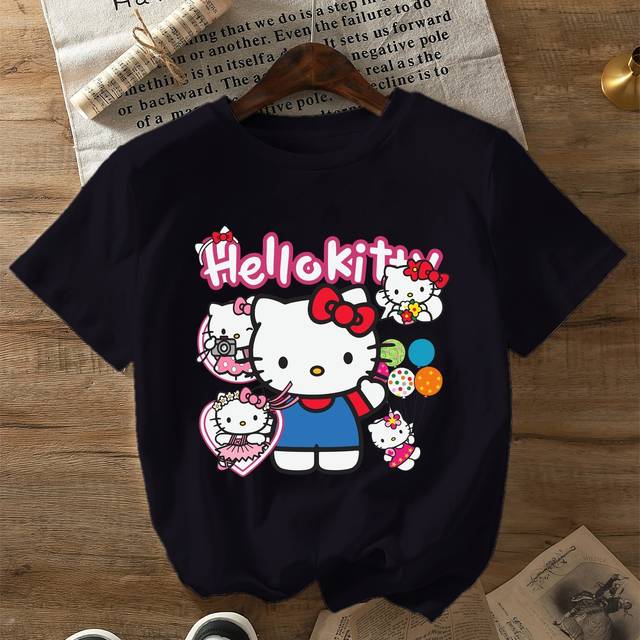 TEMU For Hello Kitty Women's Casual Crew Neck T-shirt, Solid Color Short Sleeve Tee With For Hello Kitty Design, Summer Regular