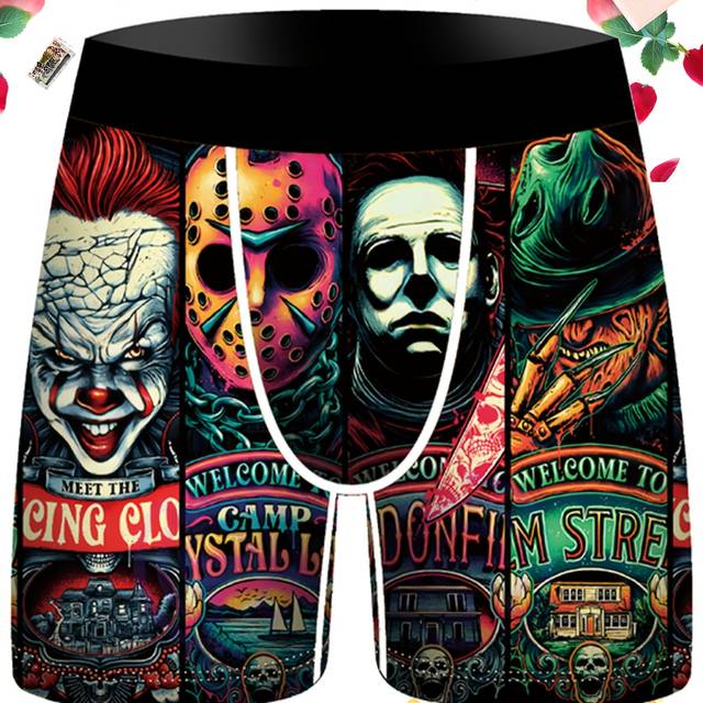 TEMU Men's Harajuku-inspired Cartoon Print Boxer Briefs - Stretchy, Breathable Knit Underwear With Vibrant Horror-themed Designs, Comfortable , Everyday | Design | Quality Knit Fabric
