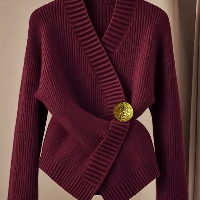 TEMU Elegant V-neck Ribbed Sweater For Women - Long Sleeve Slim Fit Pullover With Hem, Machine Washable Top, Burgundy Solid Color
