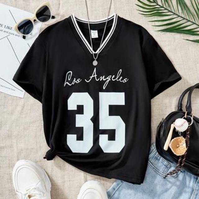 SHEIN Tween Girl V-Neck Los Angeles Numeric Print Short Sleeve T-Shirt, Casual Versatile Daily Wear