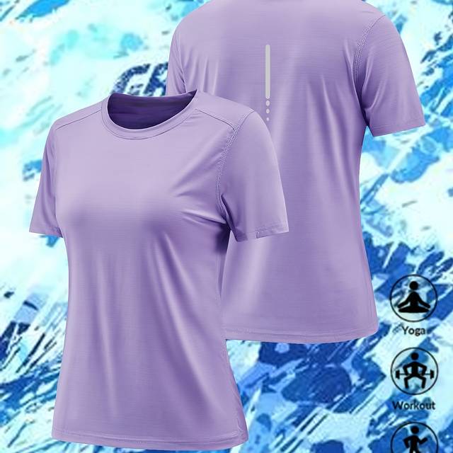 TEMU Women's Sporty Yoga T-shirt - Moisture-wicking Stretchy Summer Top With Reflective Dot Pattern, Lavender Round Neck Tee For Gym, Running & Casual Wear, Gym Apparel,