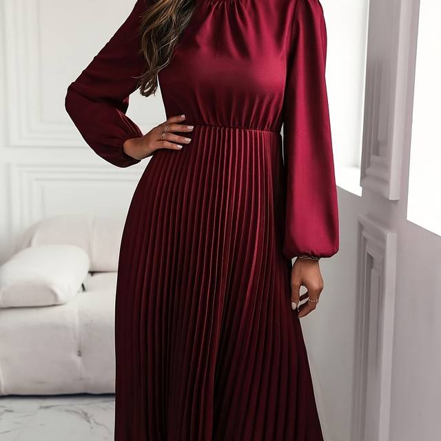 TEMU Elegant Maroon Midi Dress With Lantern Sleeves And Pleated Hem - 100% Polyester, Machine Washable, Women's Fashion With Belt Detail, Fixed Color