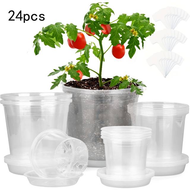 TEMU 24pcs Clear Nursery Pots With Drainage Saucers And Plant Marker Cards - Plastic Seed Starting Pots In 3, 4, 5, 6 Inch Sizes, Plastic Nursery Pots, Plants, Garden Houses