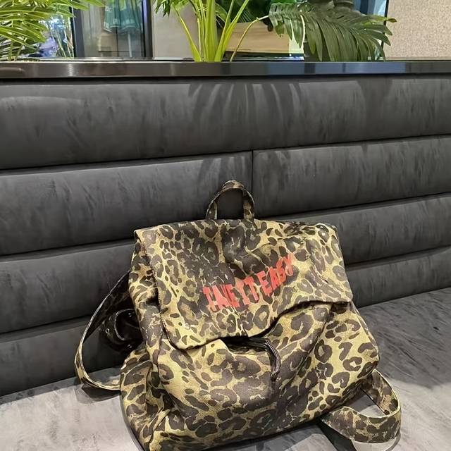 TEMU Large Capacity Leopard Print Canvas Backpack With Denim-, Adjustable Straps - Stylish "take " Graphic Travel & Student Bag, Travel Backpack