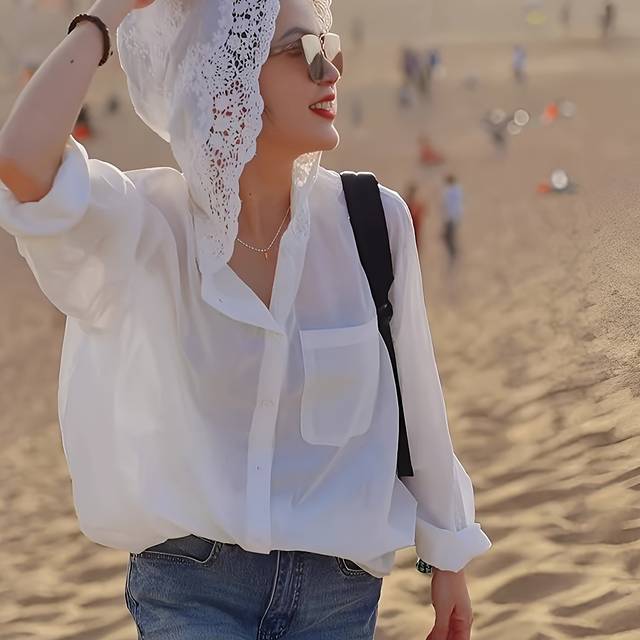 TEMU Elegant White Long Sleeve Blouse With Hooded Lace Detail - Loose Fit, Single-breasted Shirt For Women, Casual , Casual Wear Blouse | Elegant Long Sleeve | Lace Detail Shir