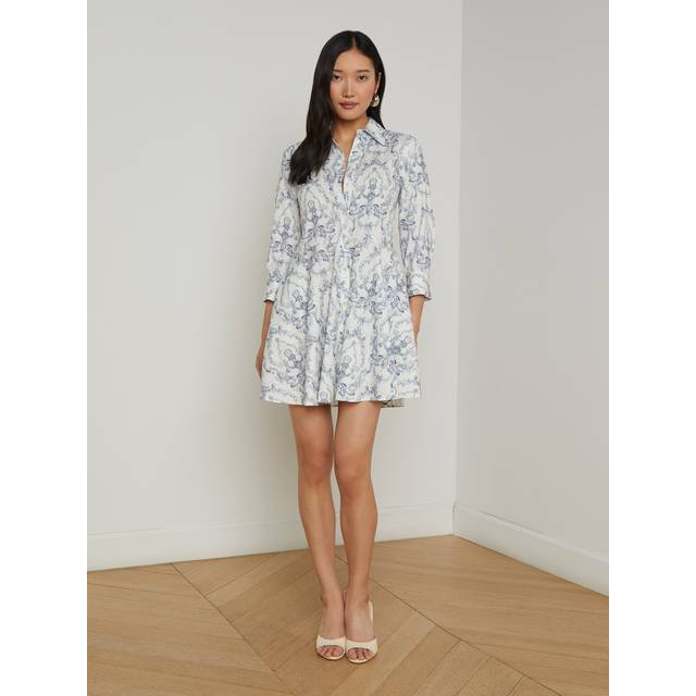 L'AGENCE Meadow Poplin Shirt Dress In Vintage White Blue Scroll Toile - 14