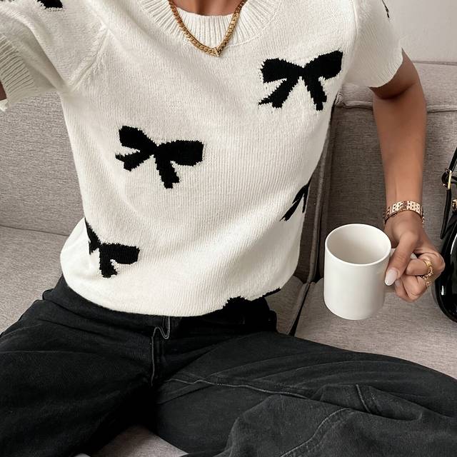 TEMU Women's Casual Summer Knit Top With & Bow Pattern - Short Sleeve Acrylic Crew Neck Sweater, Spring/summer Fashion, Casual Wear | Pattern Top | Knit Construction, Ladies Sweater
