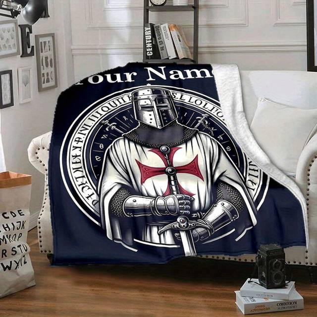 TEMU [1pc Customized Knight Flannel Blanket] 1pc Customized Knight Flannel Blanket - Soft Warm Polyester Knit Throw For Sofa, Bed, Office, Camping - All Multifunctional Gift Blanket With