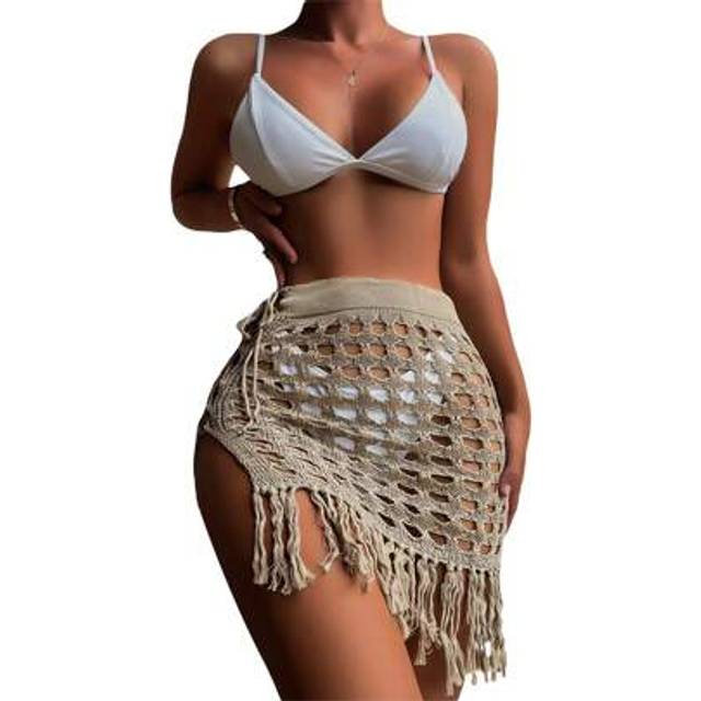 SHEIN Women Knitted Sarongs Solid Color Hollow-Out See-Through Tassel Mini Beach Skirts Summer Drawstring Slit Swimsuit Cover-Ups