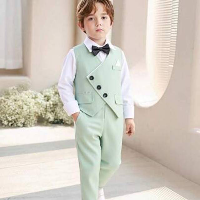 SHEIN 2pcs Boys Gentleman Set, Summer Asymmetric Lapel Single-Breasted Suit Vest And Pants, Suitable For Birthday Party, Evening Party, Performance, Wedding