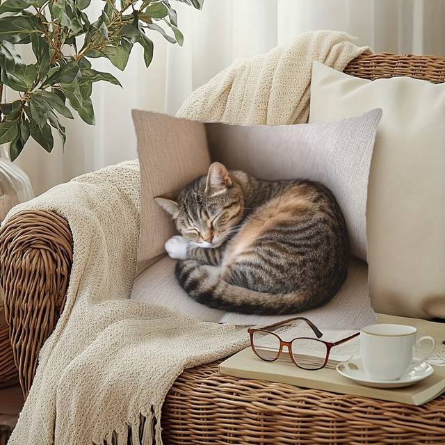 TEMU 1pc Cozy Cat Sleeping On Sofa Decorative Pillow Cover, 18x18 Inches - Soft Polyester, Zipper Closure, Machine Washable, Single-sided Print In Colors - Ideal For Room Styles