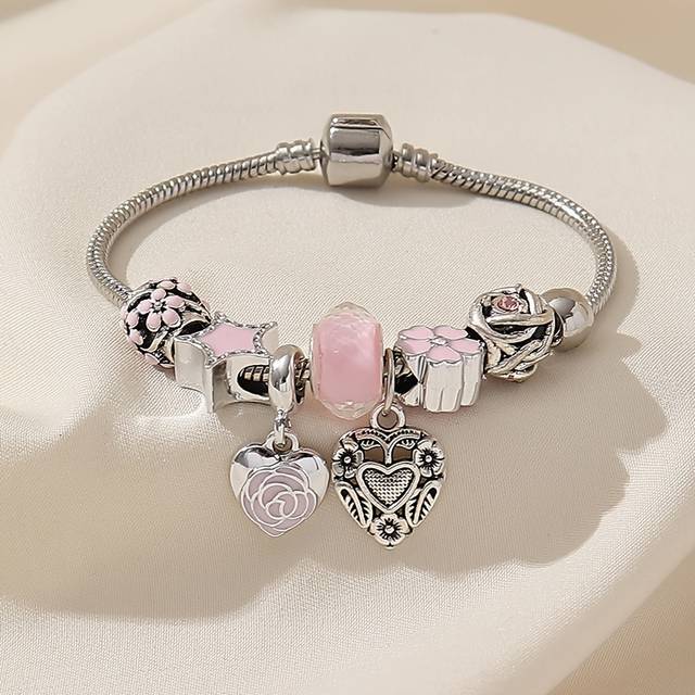 TEMU Chic Korean Style Heart & Star Diy Glass Bead Bracelet, Silver Plated Alloy, Cute For , Accessory