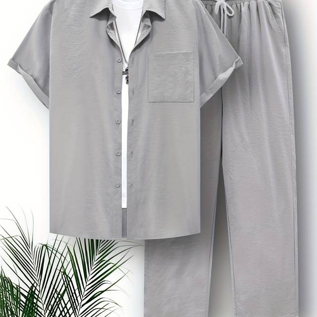 TEMU Plus Size Men' Shirt & Pants Set For Summer, Outdoor 2pcs Outfits