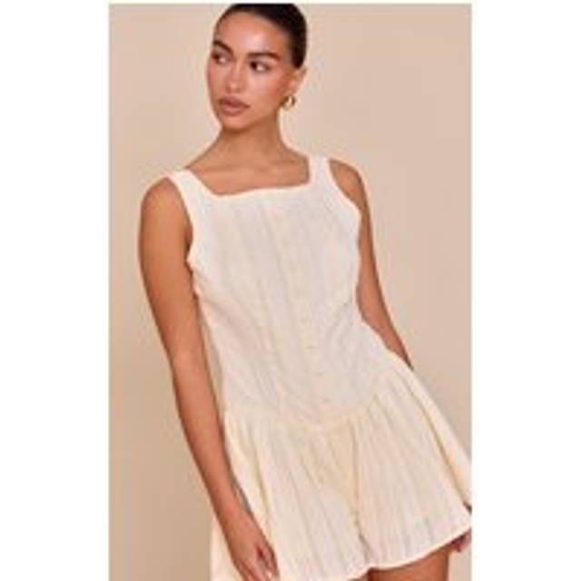 Butter Yellow Button Down Cotton Drop Waist Skort Playsuit, Butter Yellow - 10
