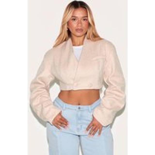 Shape Cream Wool Look Wrap Over Cocoon Sleeve Cropped Jacket, White - 8