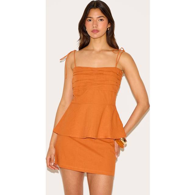 Burnt Orange Linen Look Ruched Bust Top, Orange - 10