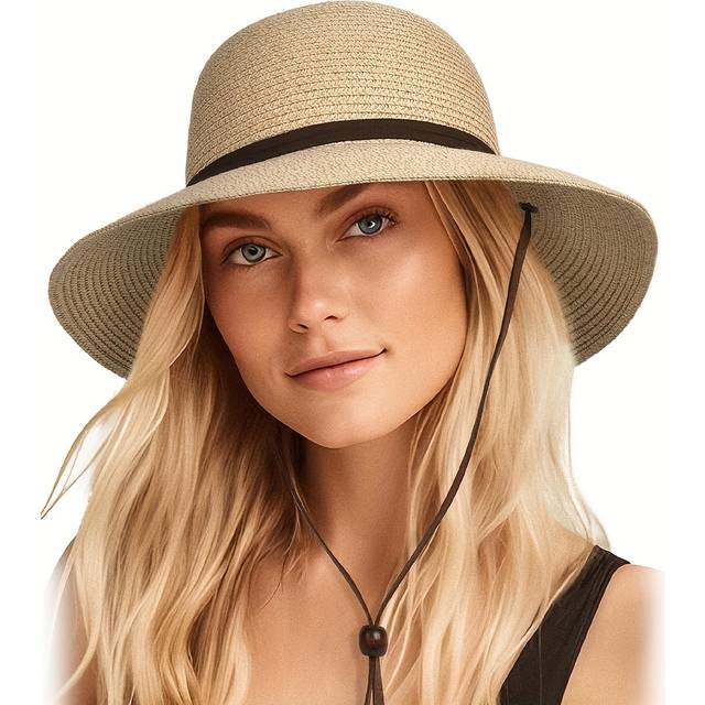 TEMU Women's Wide Brim Straw-style Paper Sun Hat With Wind Lanyard - Lightweight Foldable Packable For Beach, Travel & Outdoor Activities - Accessory Gift For Women