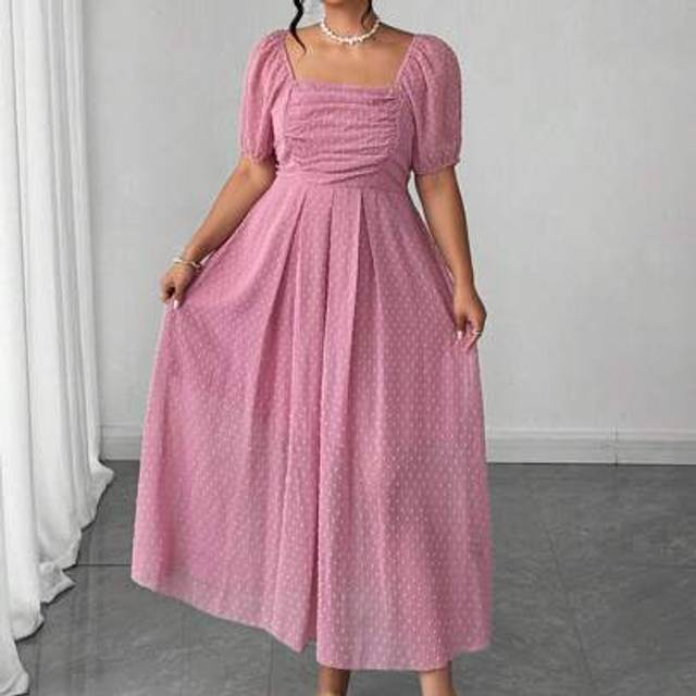 Plus Size Dam Elegant skir Chiffong Jacquard Lantern Sleeve Dress - Rosa (0XL,1XL,2XL,3XL,4XL)