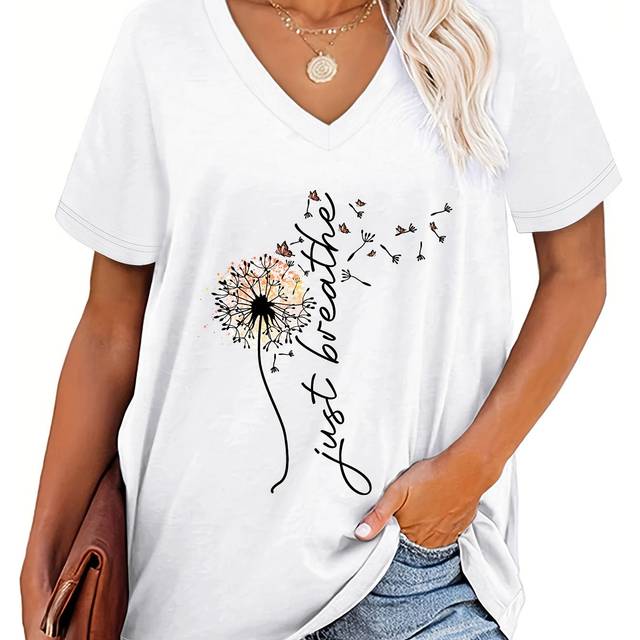 TEMU Plus Size Women's Casual V-neck T-shirt With "just Breathe" Floral Dandelion & Print - Fabric, Machine Washable, , Ladies T Shirts, Comfortable Tee, Tee, Nontransparent Material