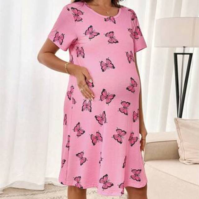 Gravid Casual Butterfly Print Klänning för sommar - Skrikrosa (L,M,S,XL,XXL,XXXL)