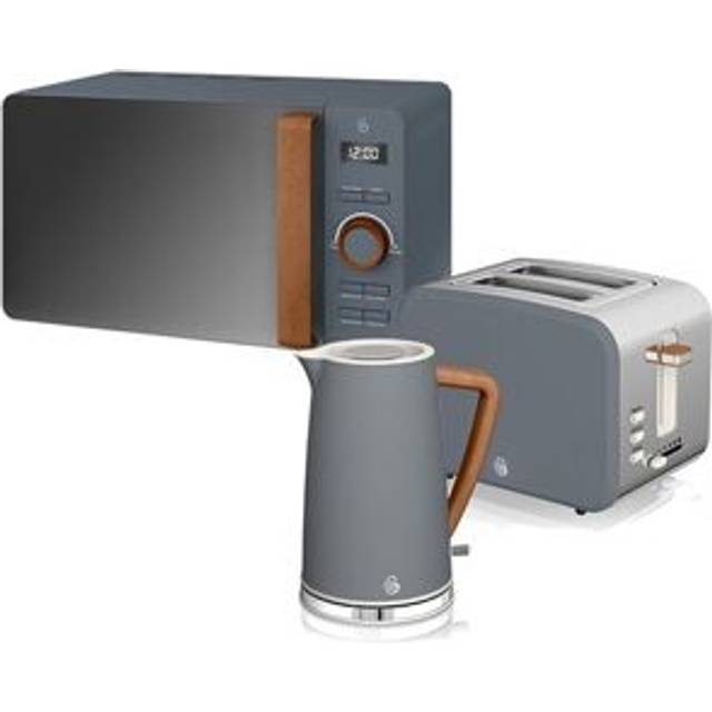 Swan Nordic frukostset, vattenkokare, 1,7 l, 2 200 W, brödrost med bred slits, 2 skivor, digital mikrovågsugn 20 l, modern design, träutseende, grå