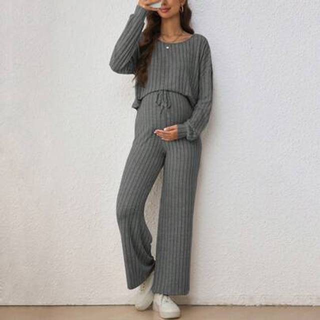 SHEIN Maternity 2pcs Set Casual Round Neck Long Sleeve T-Shirt And Drawstring Bow Waist Loose Pants, Pregnancy