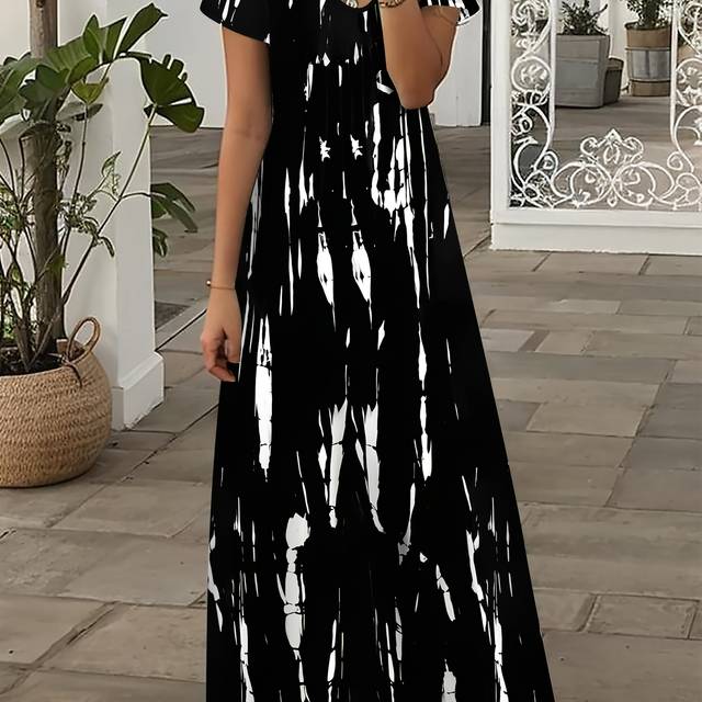 TEMU Elegant Black And White Striped V-neck Strap Maxi Dress For Women - Summer, Fitted Design With Short Sleeves, Ideal For Adult, Adult Casual Wear | Stylish Maxi Dress | Strap Detail