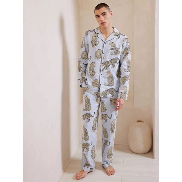 Chelsea Peers Seersucker Leopard Print Pyjama Set, Blue/Multi
