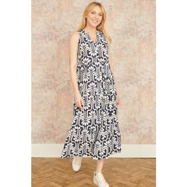 Yumi Navy Retro Print Relaxed Midi Dress - Size 18 UK - Yumi