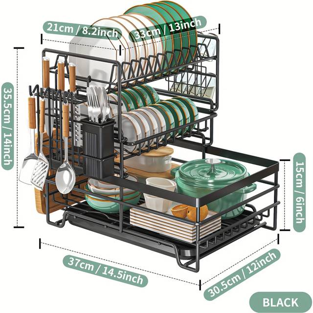 TEMU 1pc Dish Racks, 3-tier Dish Drying Rack For Kitchen Counters Above The Sink, Multifunctional Extra Large Dish Strainers With Cutlery & Cup Holders , For Kitchen Counter, Kitchen Supplies