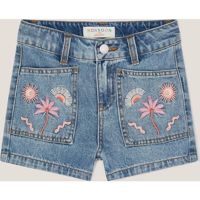 Monsoon Kids' Embroidered Denim Shorts, Blue