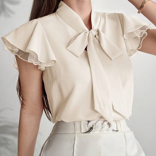 TEMU Women's Elegant Beige Mesh Panel Ruffle Sleeve Blouse With Bow Tie - Lightweight Polyester, Semi-sheer Summer Top For Stylish Outfits