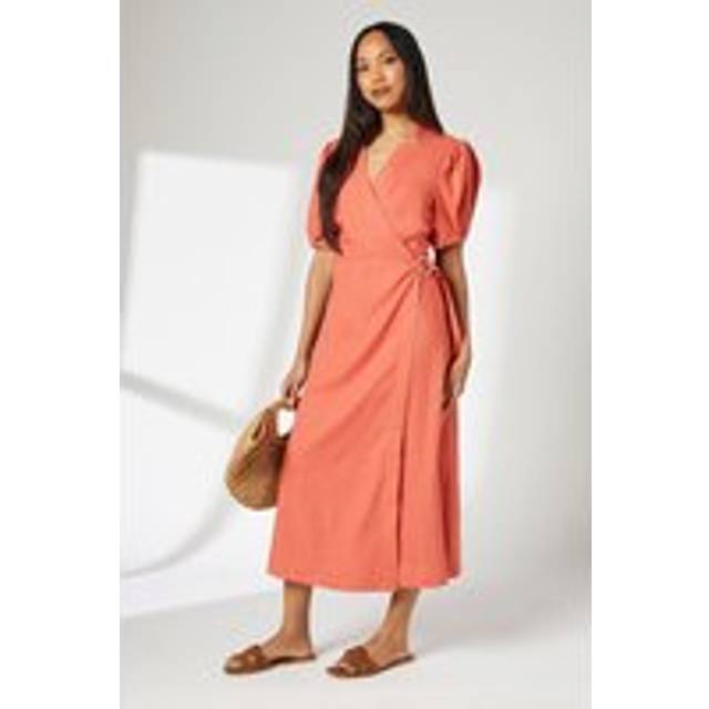 Terracotta Linen Blend Wrap Dress - 16