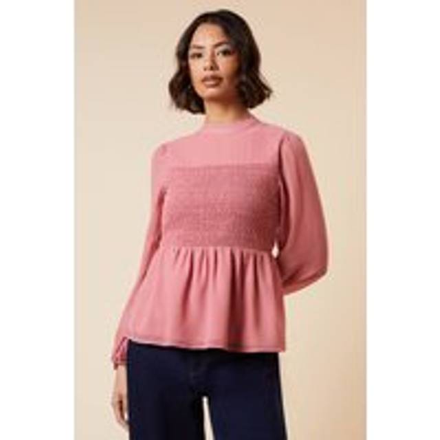 Womens Shirred Front And Back Long Sleeve Blouse - Dusky Pink - 14