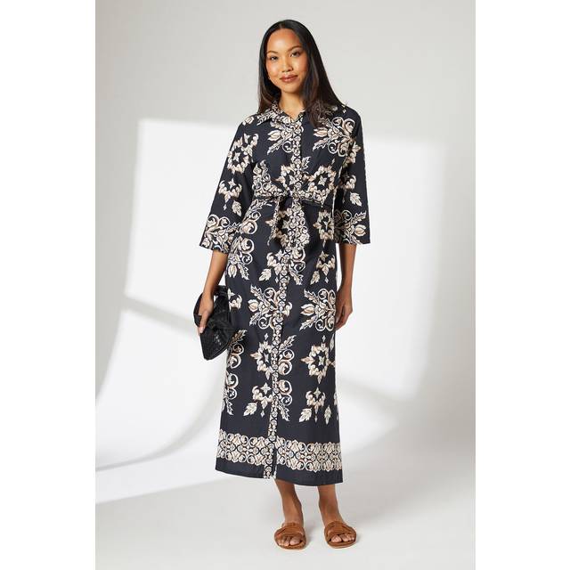Black Tile Print Tie Front Midi Shirt Dress - 14