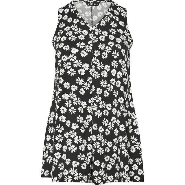 Yours Curve Black Daisy Pleated Swing Vest Top, Women's Curve & Plus Size, Yours - 26-28