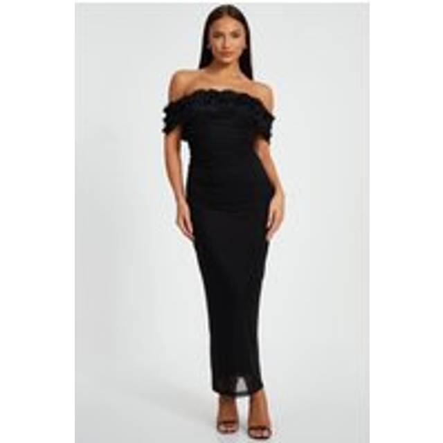 Womens Black Mesh Bardot Midaxi Dress - 6
