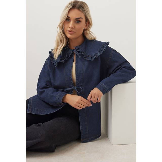 Yours Curve Indigo Blue Frill Collar Tie Front Denim Shacket, Women's Curve & Plus Size, Yours - 22-24