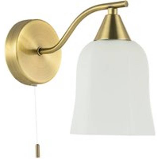 Traditional Pull Switched Downlighter Wall Light Fitting with Opal Glass Shade - Metallic Gold - One Size