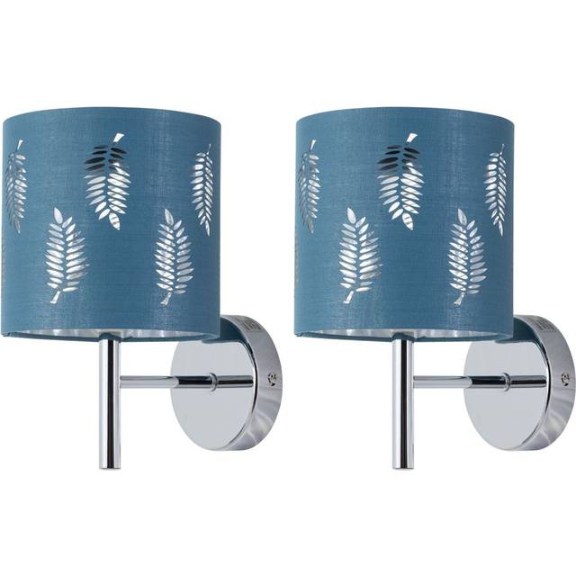 Set of 2 Brea - Chrome Wall Lights with Teal Fern Shades
