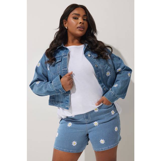 Limited Collection Curve Light Blue Daisy Embroidered Denim Shorts, Women's Curve & Plus Size, Limited Collection - 24